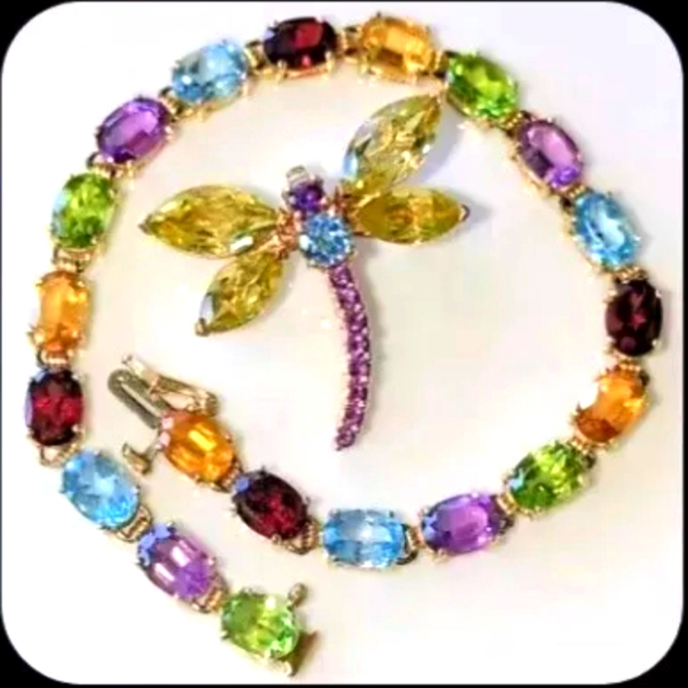 Set 14Kt Multi Gemstome Natural Pin And Bracelet Lot